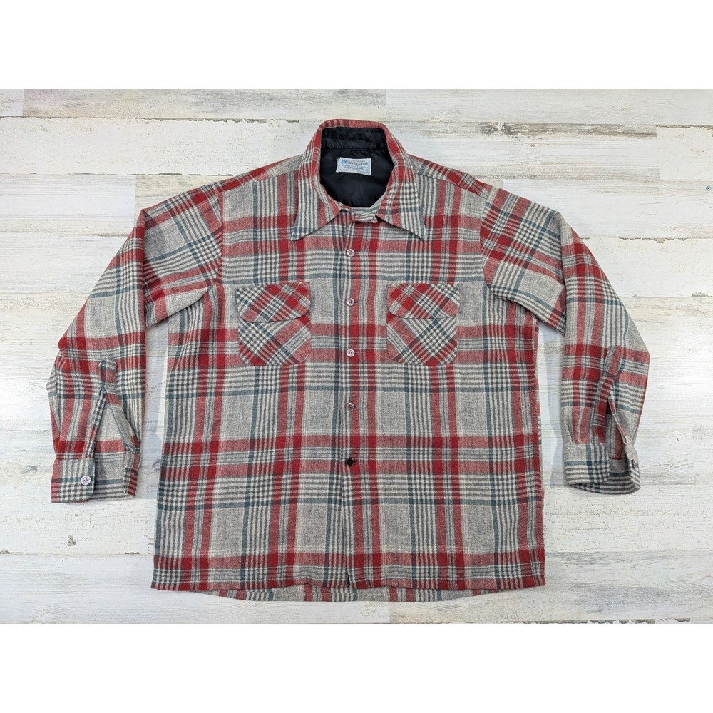 Vintage 70s Towncraft JC Penney Plaid Flannel Loop Collar Shirt Mens L Red Grey